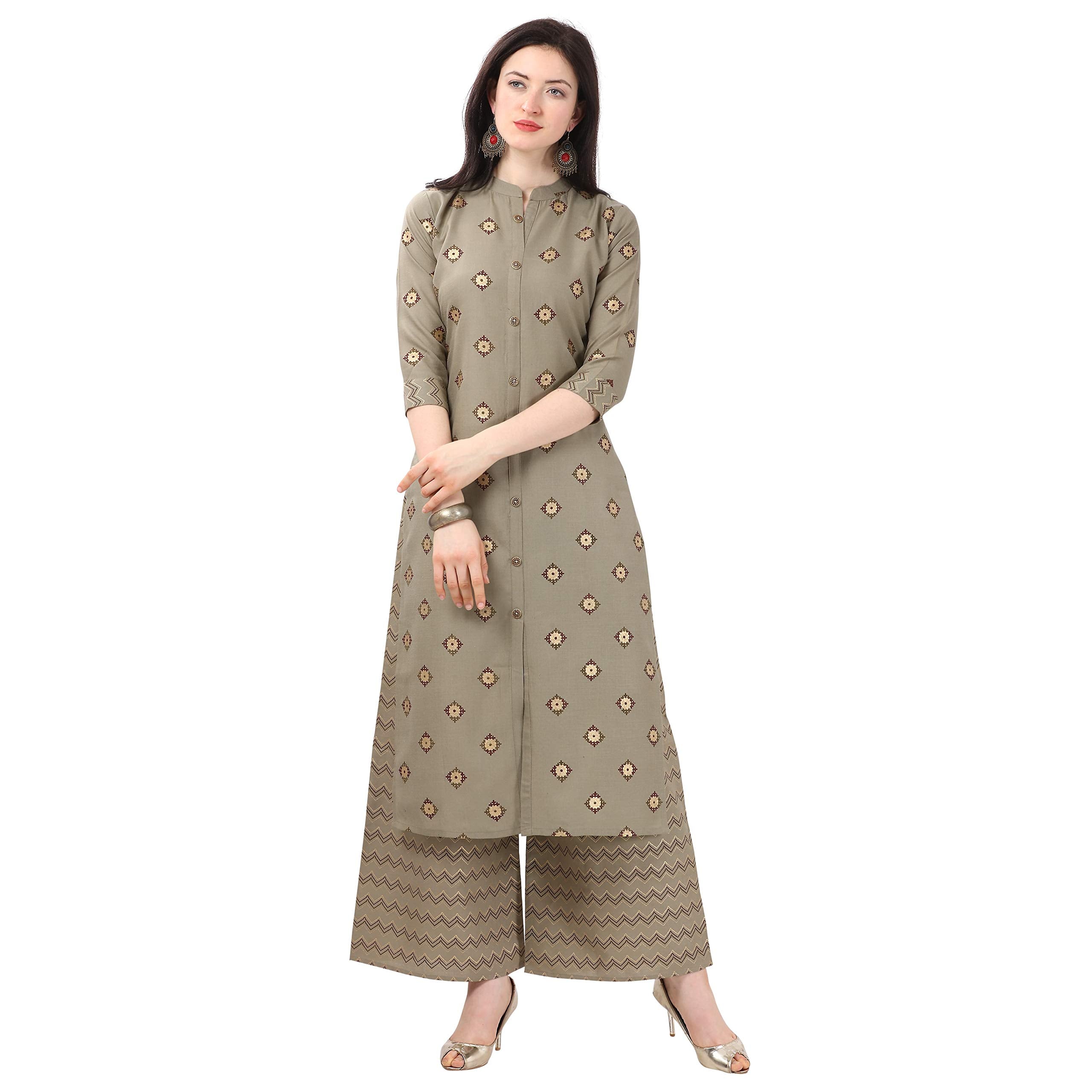NAINVISH Women Grey Cotton Blend Printed Straight Kurti with Palazzo Set (SD53GREY-S)