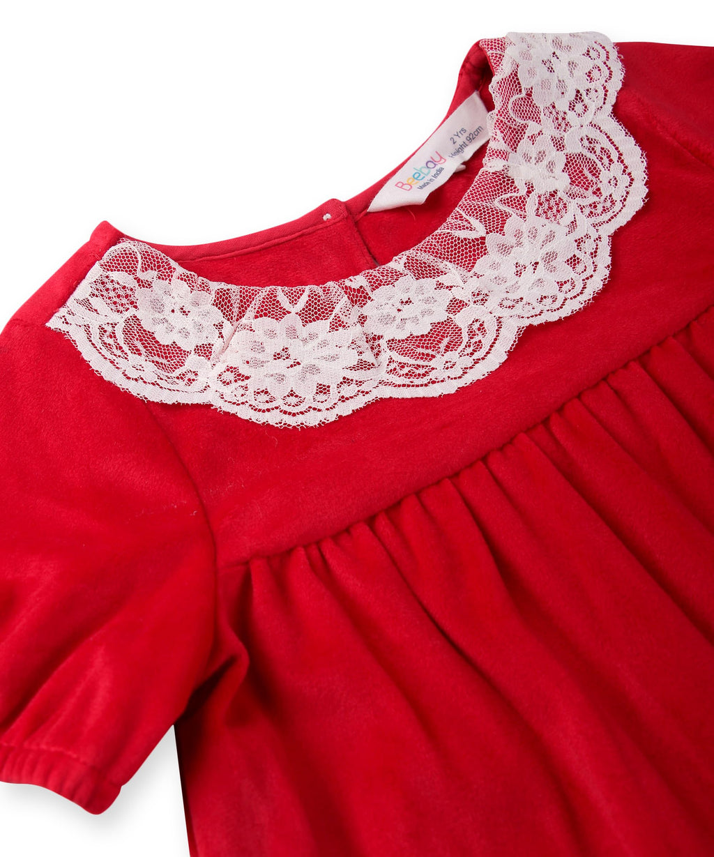 Beebay Kids Girls Lace Detailed Velvet A-Line Drrss Red