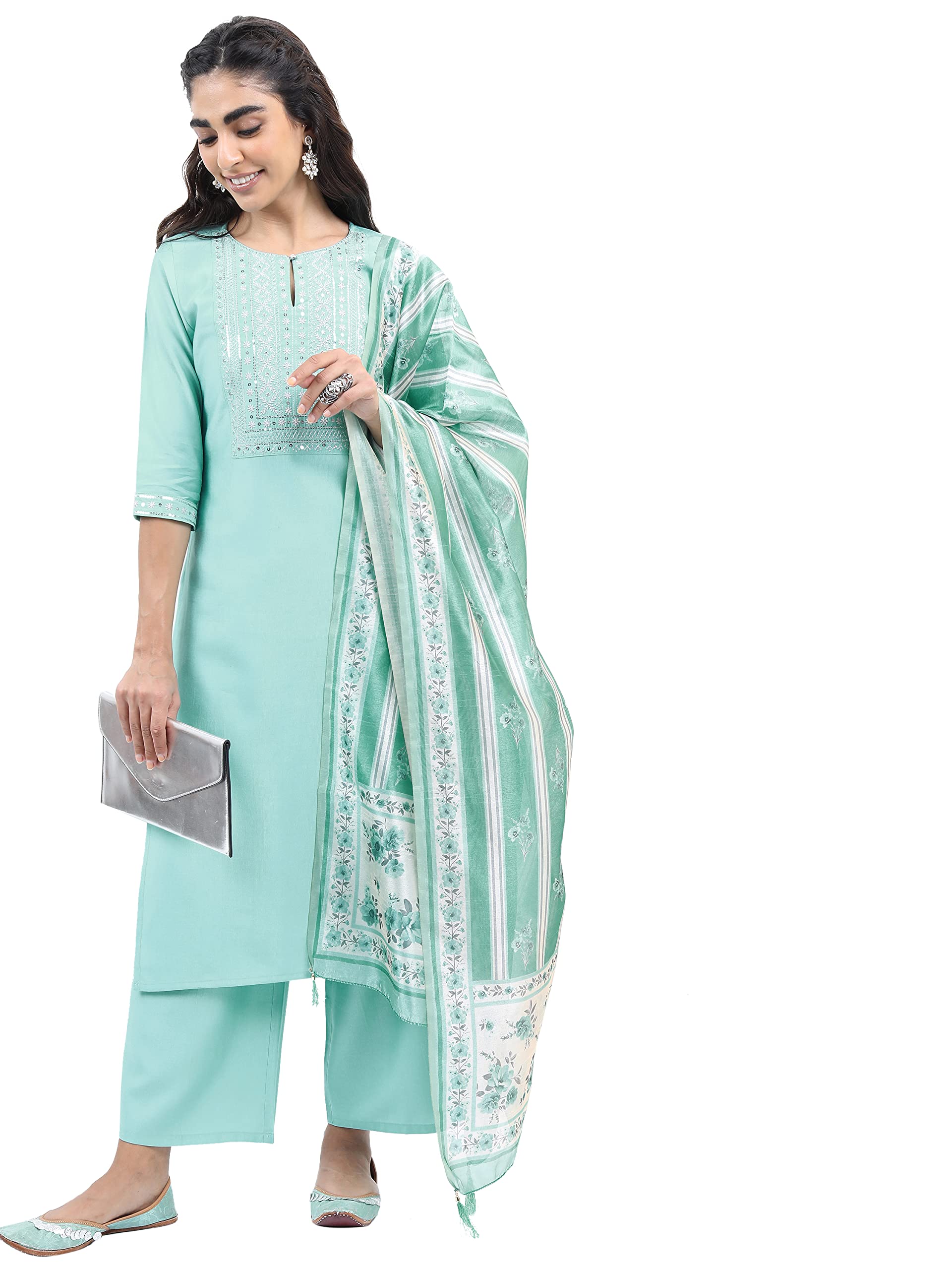 Ketch Womens Cotton Blend Kurta Set & Duppatapalazzo (Khk3000412_Blue, Large)