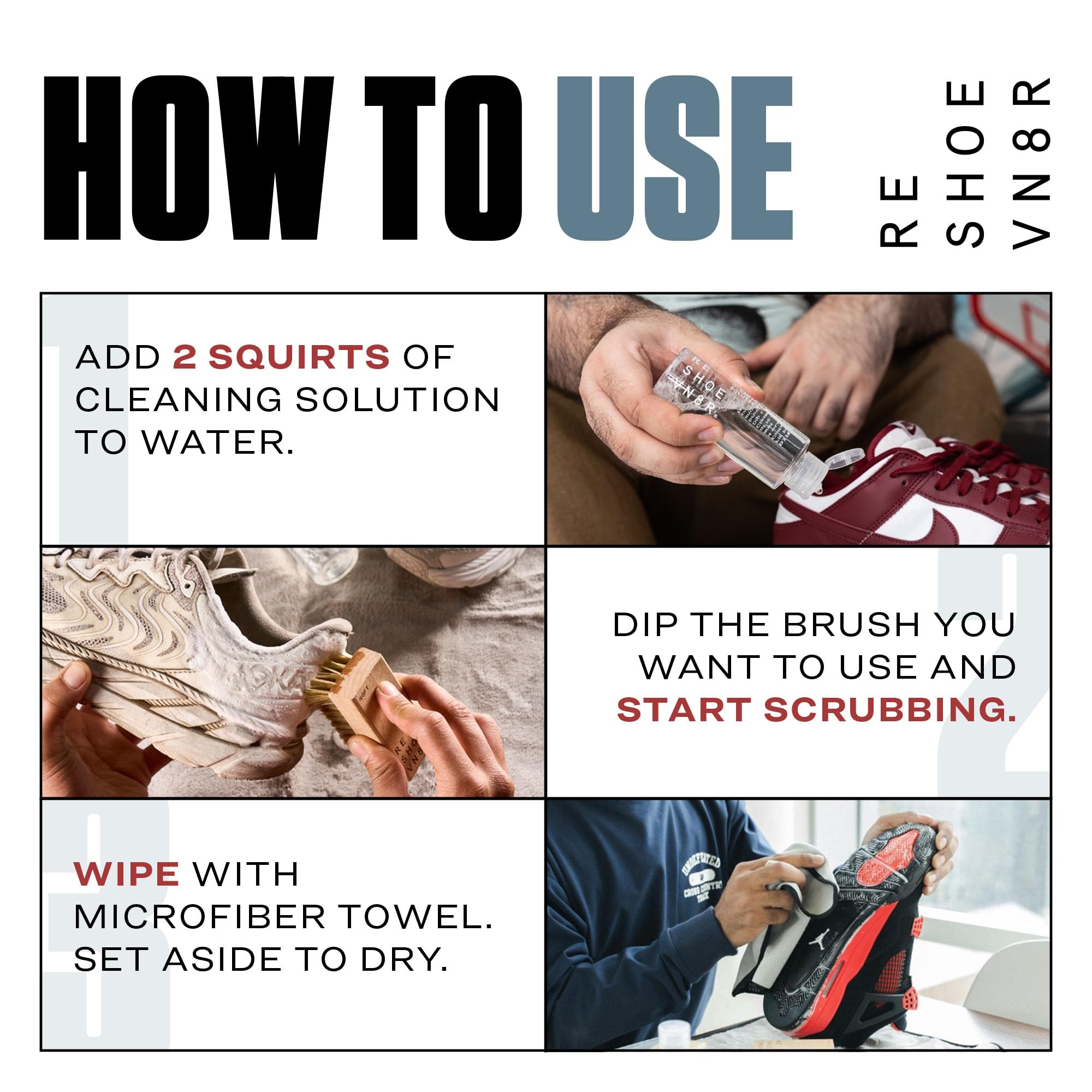 RESHOEVN8R Essential Shoe Cleaning Kit - 4oz Solution, 3 Brushes, Microfiber Towel - Safe for Suede, Leather, Canvas, Mesh - Up