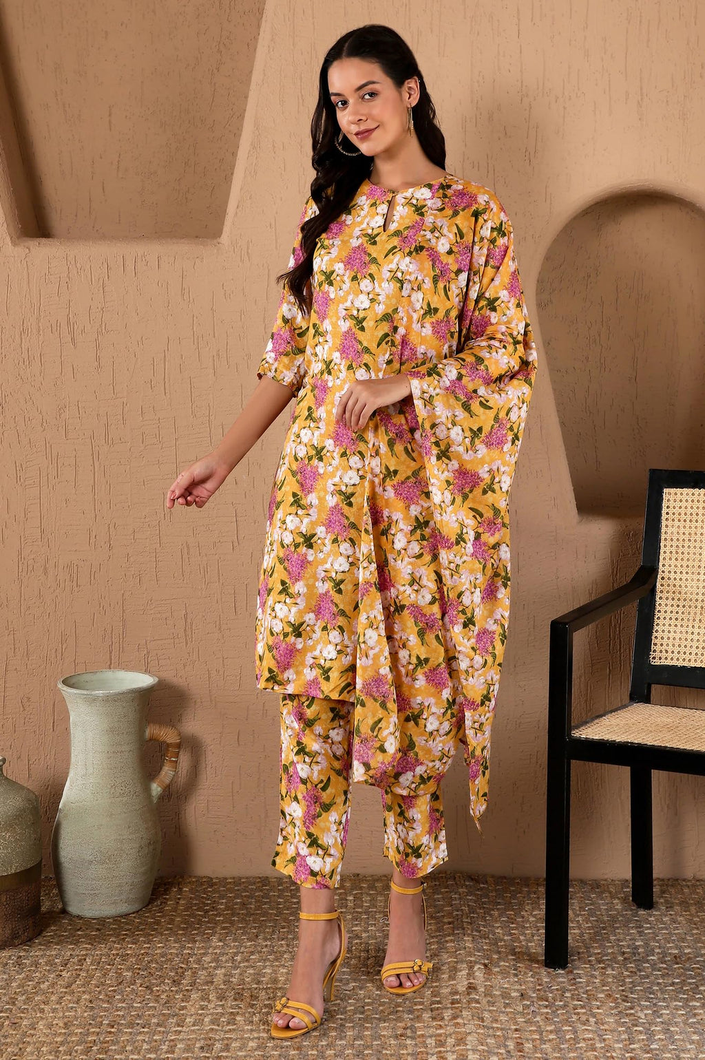 W For Woman Yellow Floral Printed Keyhole Neck Kurta And Pants Co-Ord Set With Dupatta