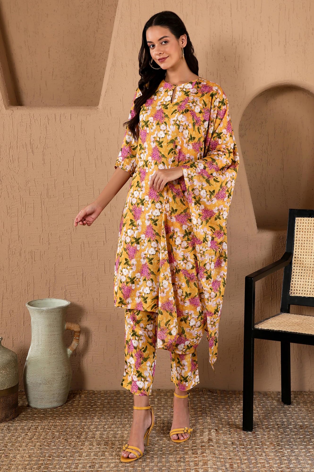 W For Woman Yellow Floral Printed Keyhole Neck Kurta And Pants Co-Ord Set With Dupatta