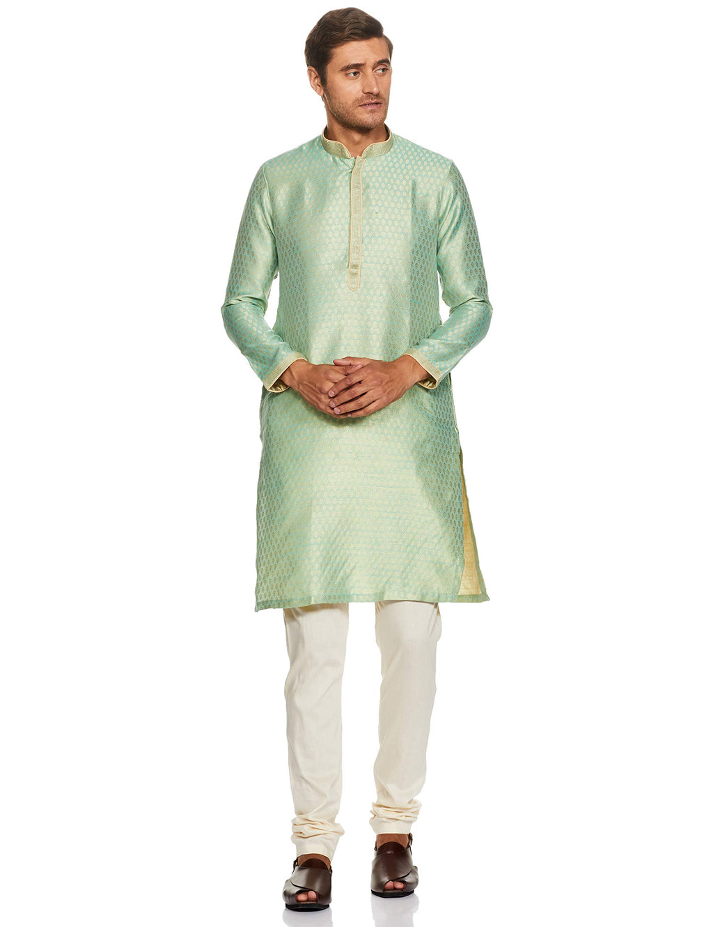 Manyavar Jacquard Design Knee Long Full Sleeves Kurta And Churidar Set For Men - (Green, Medium)