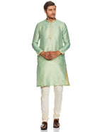 Manyavar Jacquard Design Knee Long Full Sleeves Kurta And Churidar Set For Men - (Green, Medium)