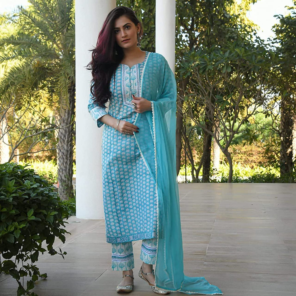 ANNI DESIGNER Womens Cotton Blend Printed Straight Kurta with Pant & Dupatta (Sky Bird-Blue_S_Blue_Small)