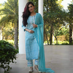 ANNI DESIGNER Womens Cotton Blend Printed Straight Kurta with Pant & Dupatta (Sky Bird-Blue_S_Blue_Small)