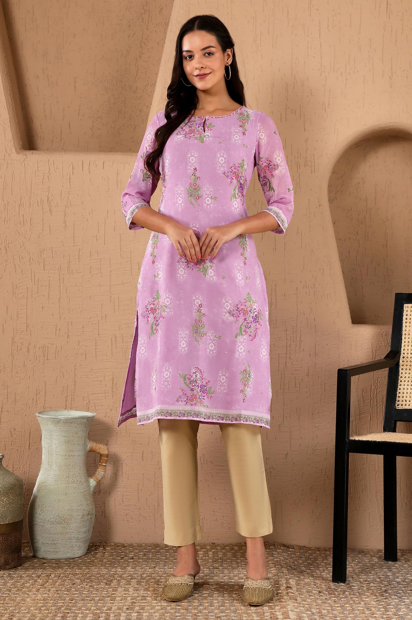 W Purple Floral Printed Synthetic Regular Sequin Kurta For Women
