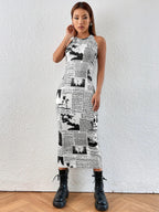 Toochki Dress for Women | One Piece Dresses | Midi Bodycon for Womens | Newspaper Printed Body con
