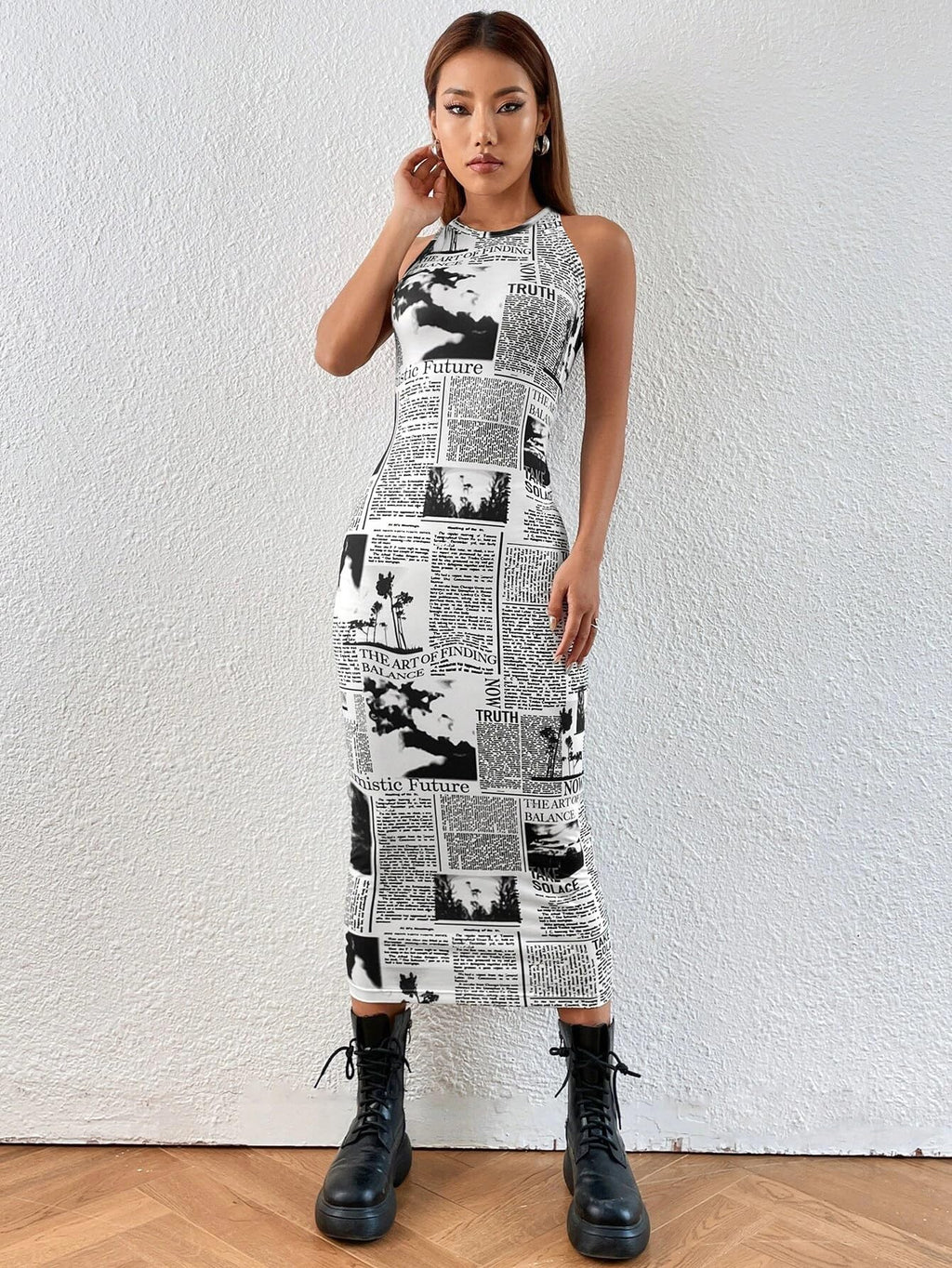 Toochki Dress for Women | One Piece | Midi Bodycon | Newspaper Printed Body con