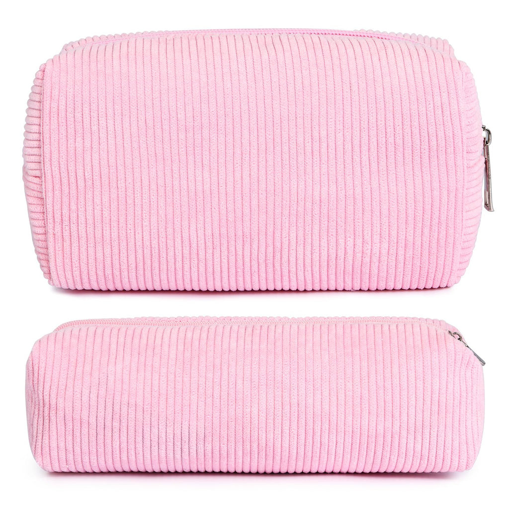 SOIDRAM Makeup Bag Corduroy Cosmetic Bag Cute Pink Makeup Pouch 1Pcs Large Capacity Makeup Bags and 1Pcs Makeup Brushes Storage 