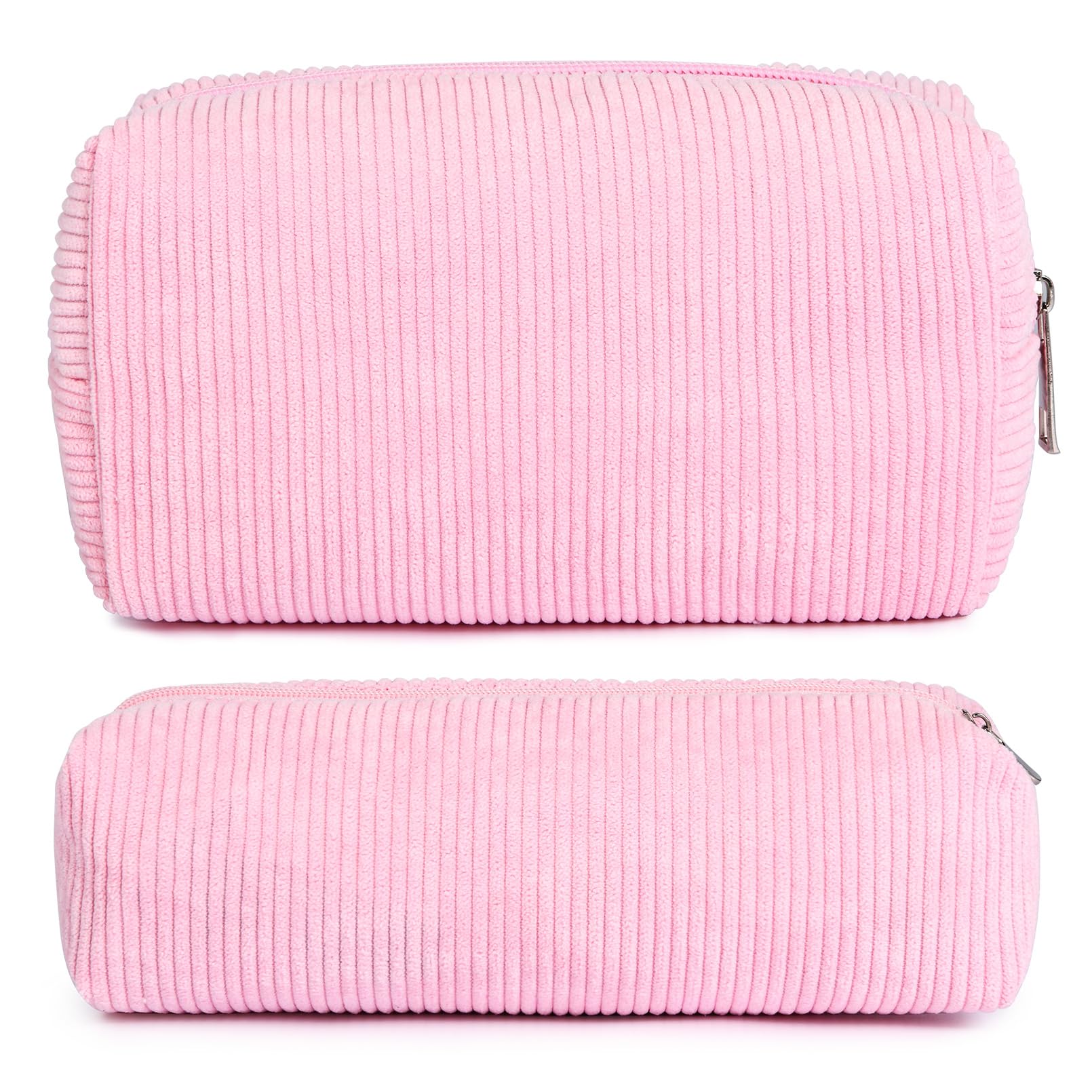 SOIDRAM Makeup Bag Corduroy Cosmetic Bag Cute Pink Makeup Pouch 1Pcs Large Capacity Makeup Bags and 1Pcs Makeup Brushes Storage 