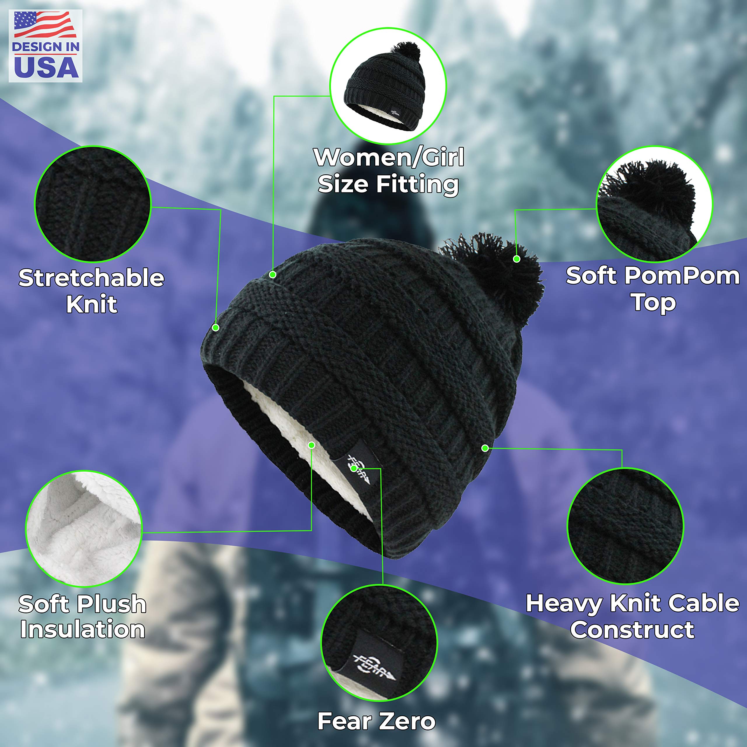 Fear0 NJ Warmest Plush Insulated Lining Knit cable Pom-Pom Beanie Hat Women(D0102H79VM6)