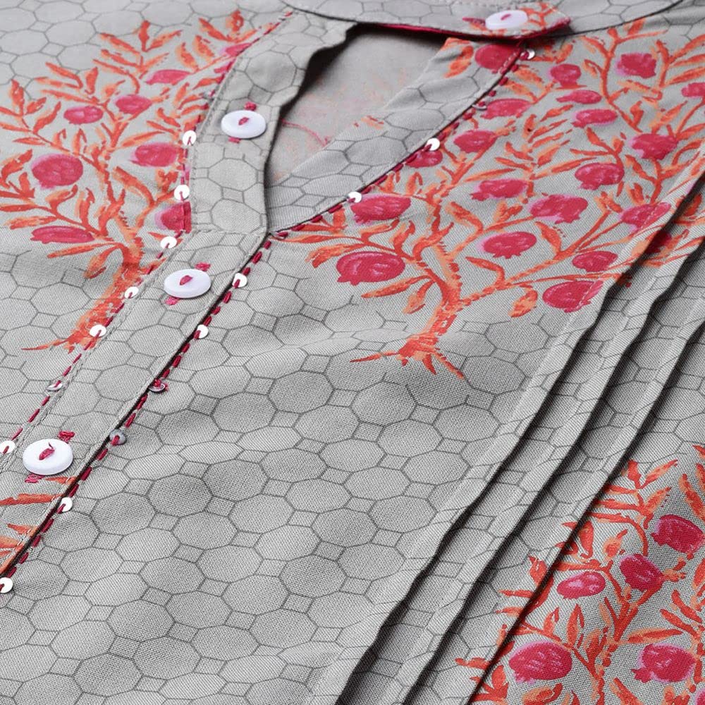Anubhutee Women'S Grey & Pink Printed Straight Kurta Suit Set With Pants