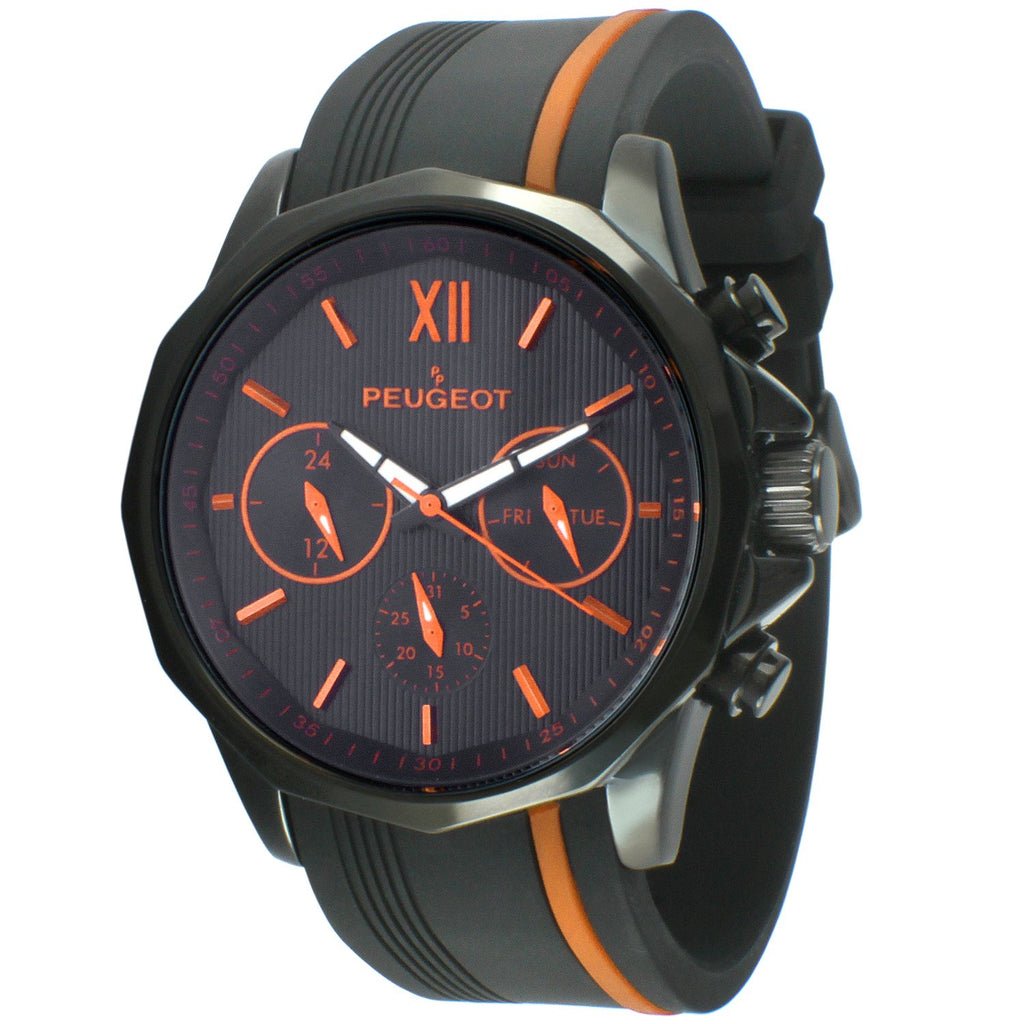 Peugeot Men Big Face Chronograph Sport Watch - Round with Day, Date. 24 Hours Sub Dial Windows & Silicone Strap, Black