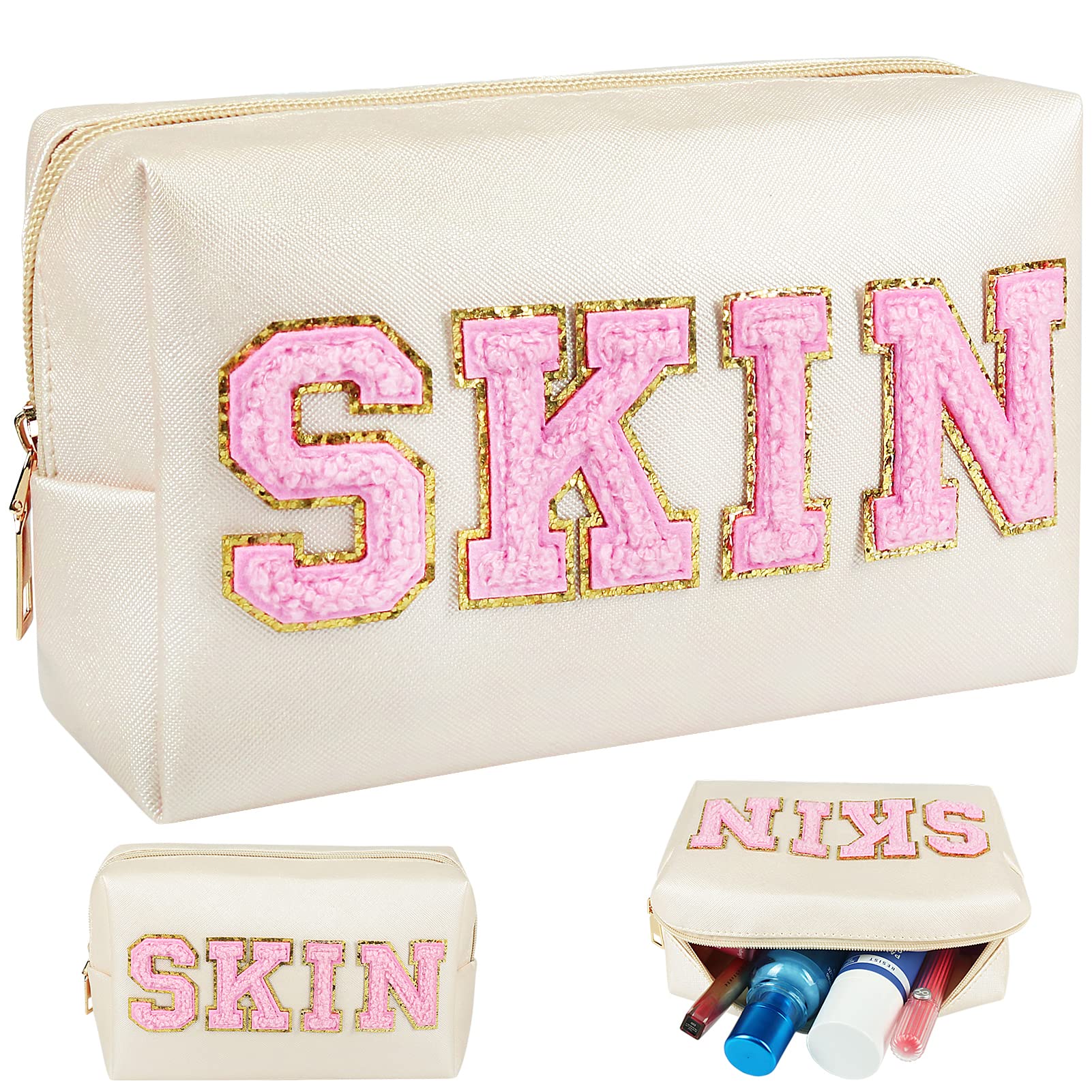 JOINDO Skin Makeup Bag, Skin Care Cosmetic Toiletry Bag, Preppy Makeup bag,Portable Makeup Zipper Pouch Storage Purse, PU Leathe