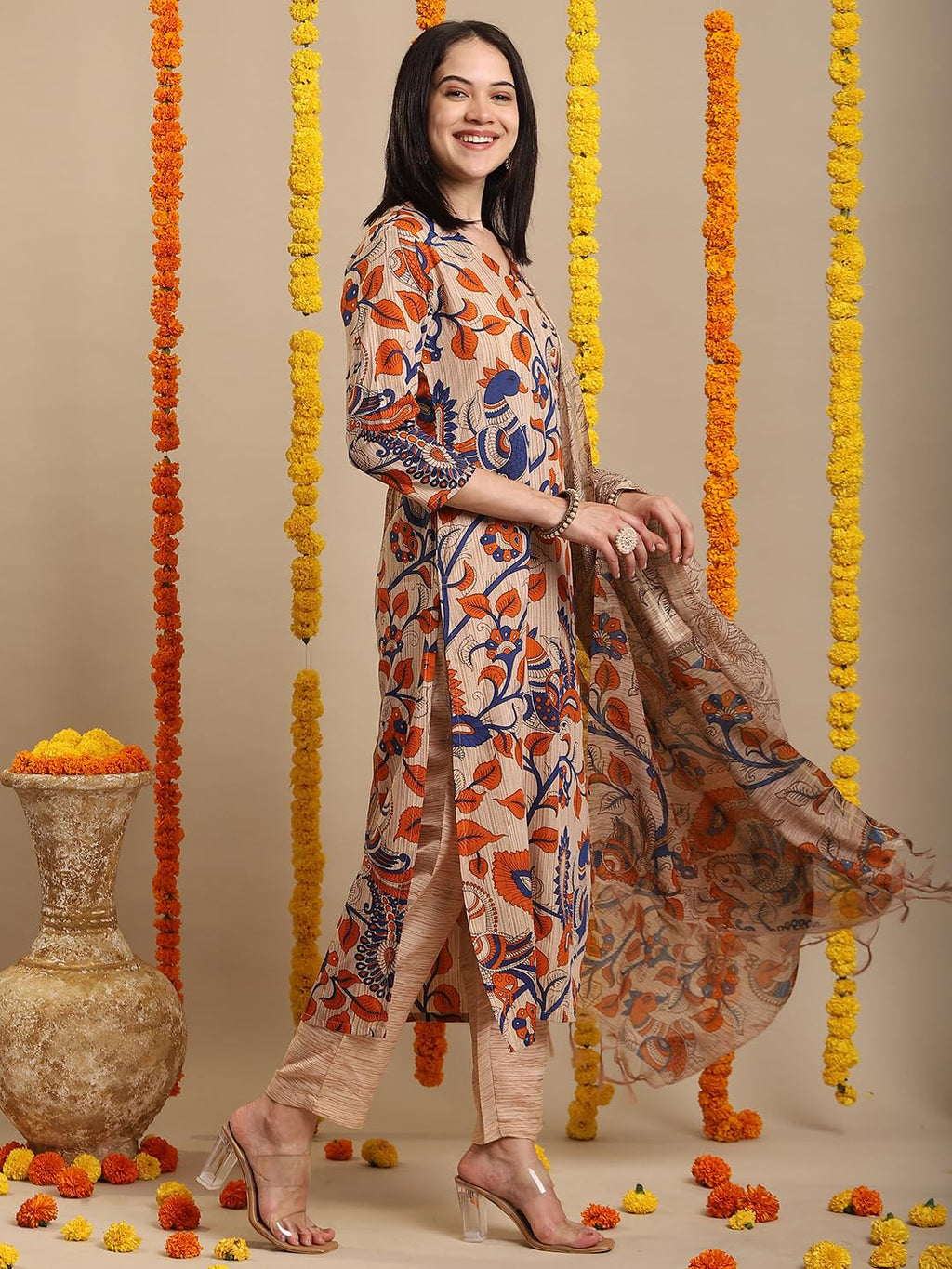 ANNI DESIGNER Ladies Rayon Blend Kurta with Trousers and Dupatta, beige, L