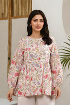 W Ecru Floral Printed Cotton Top And Pant For Women