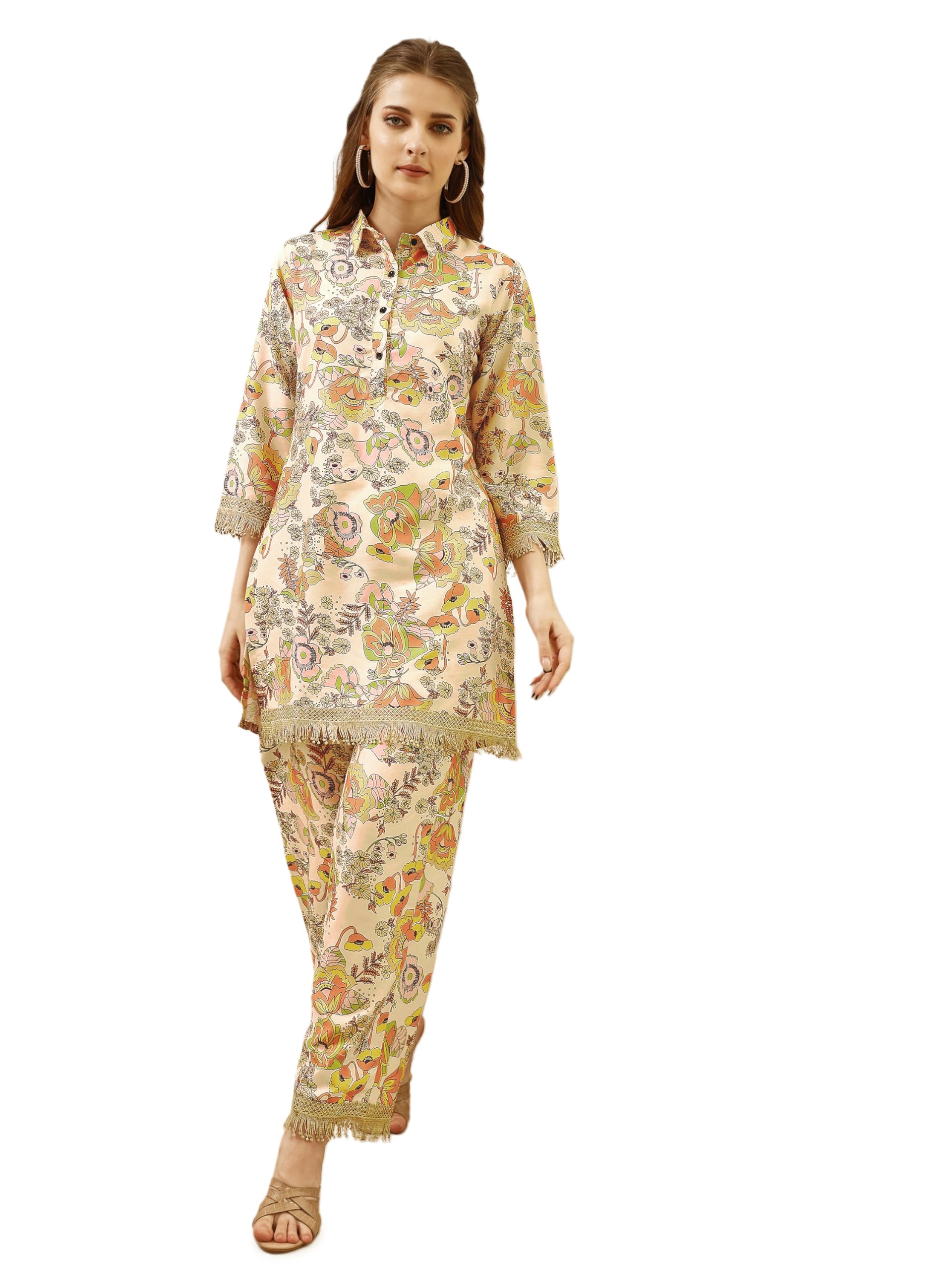 Smowkly Cotton Blend Fancy Floral Printed Co-Ords || Pant Top Dress Pair || Kurta Pant Set For Women || Regualar Fit 3/4 Sleave 