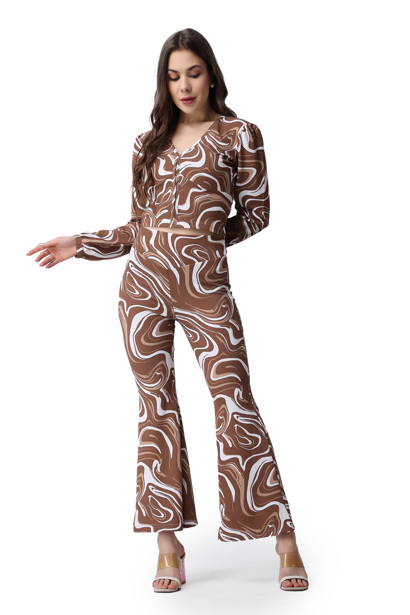 Popwings Casual Brown Marble Printed Crop Top And Trouser Co-Ord Set For Women || Co-Ords Set For Women Stylish Western || Full 