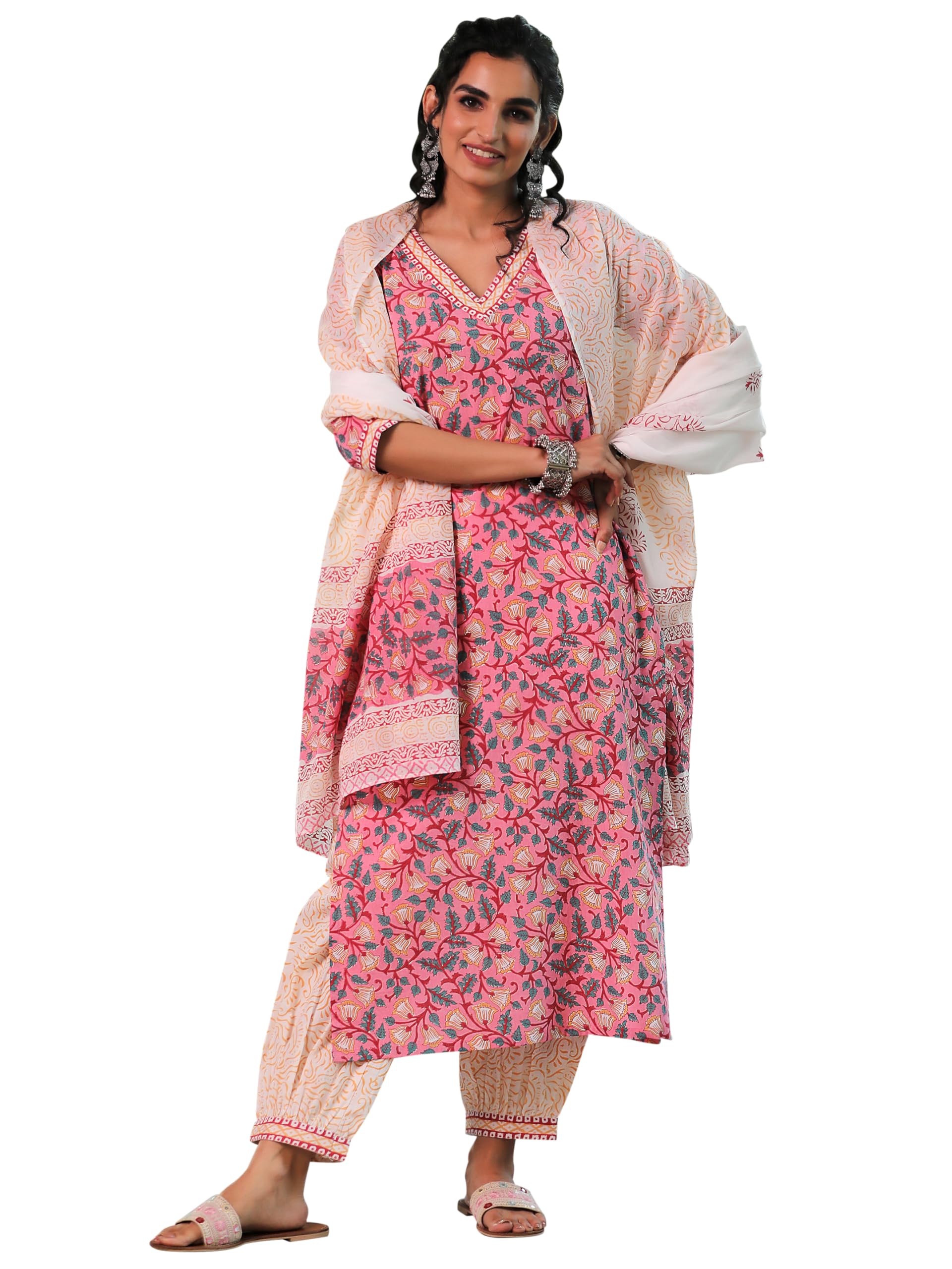 Libas Women Cotton Blue Printed Straight Kurta Set With Salwar & Dupatta, Xl