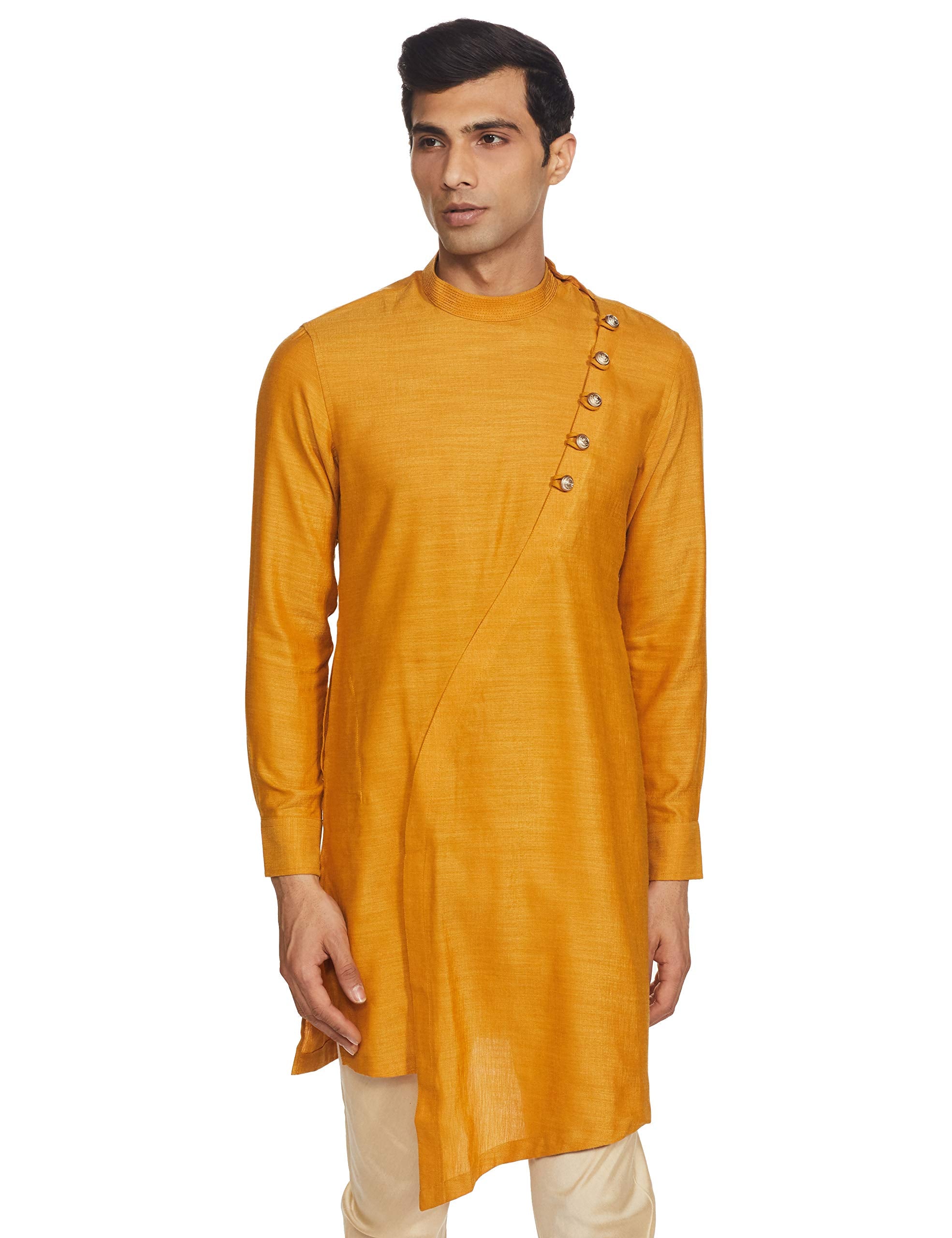 Manyavar Bright Yellow Patterned Kurta Set For Mens(Xx-Large,Orange)