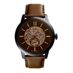 Fossil Men's Townsman Automatic Stainless Steel and Leather Three-Hand Skeleton Watch, Color: Black, Dark Brown (Model: ME3155)