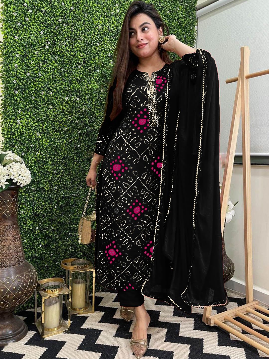 ANNI DESIGNER Womens Rayon Blend Floral Straight Kurta with Pant & Dupatta (TURAE-RED-G8S_Black_Large)
