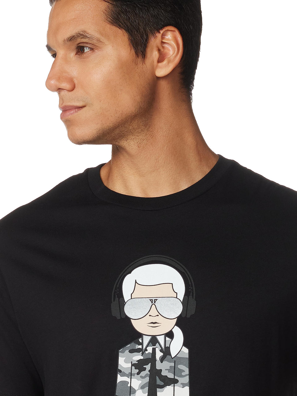 Karl Lagerfeld Paris Reflective T, Karl Character with Headphones Short Sleeve Crew Neck Mens Shirt, Black, M