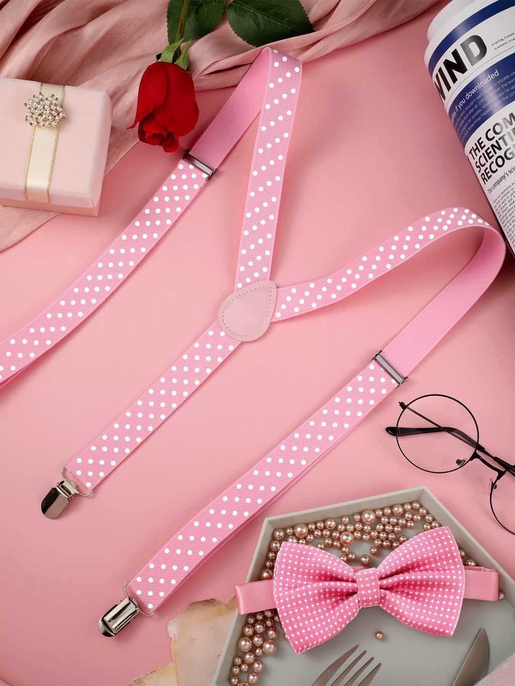 SATINIOR Suspender and Bow Tie Set 80s Clip on Suspenders for Men Women(Pink with White Dots)