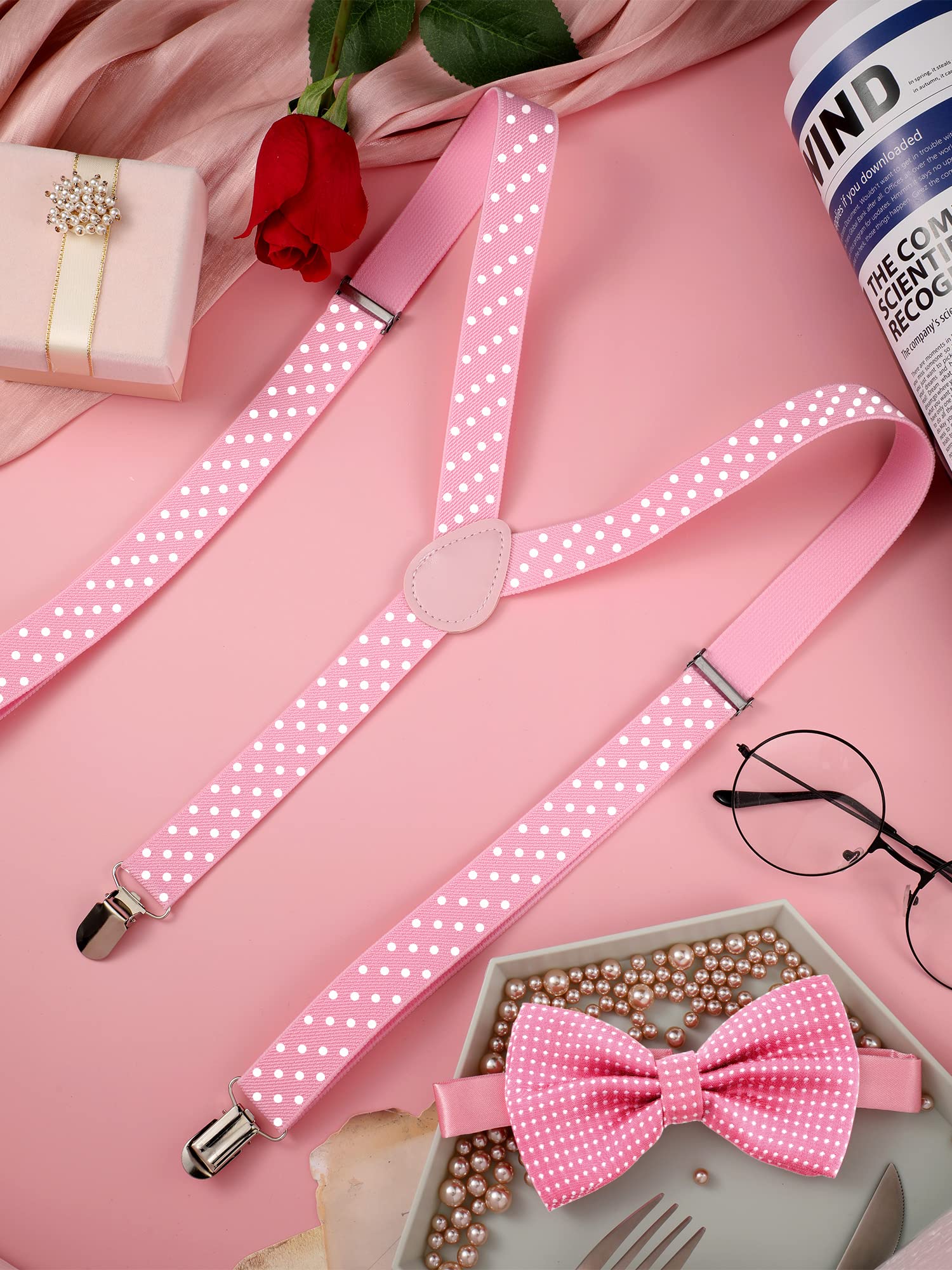 SATINIOR Suspender and Bow Tie Set 80s Clip on Suspenders for Men Women(Pink with White Dots)