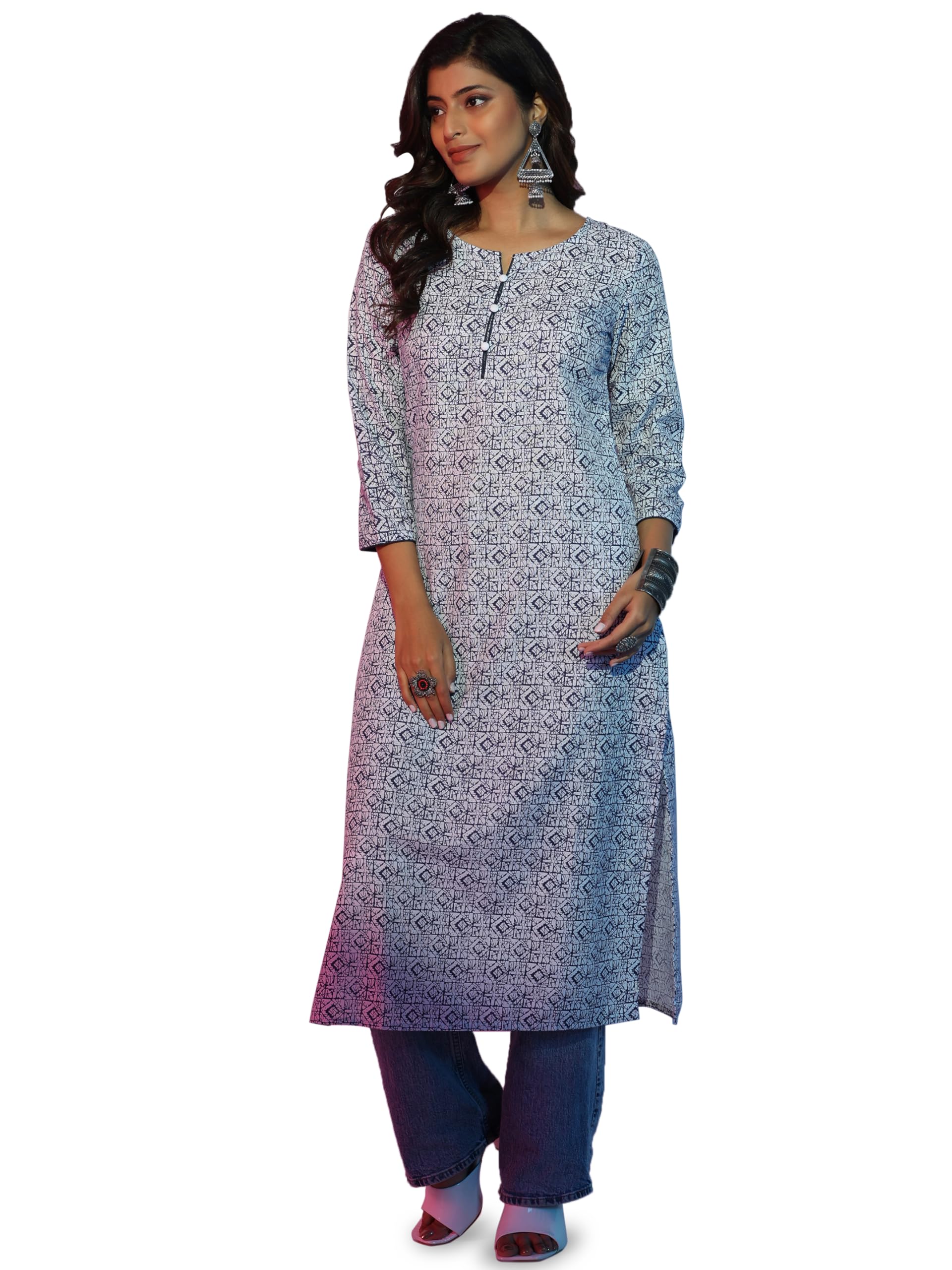 Libas WomenS Cotton Geometric Straight Kurta (37244_White