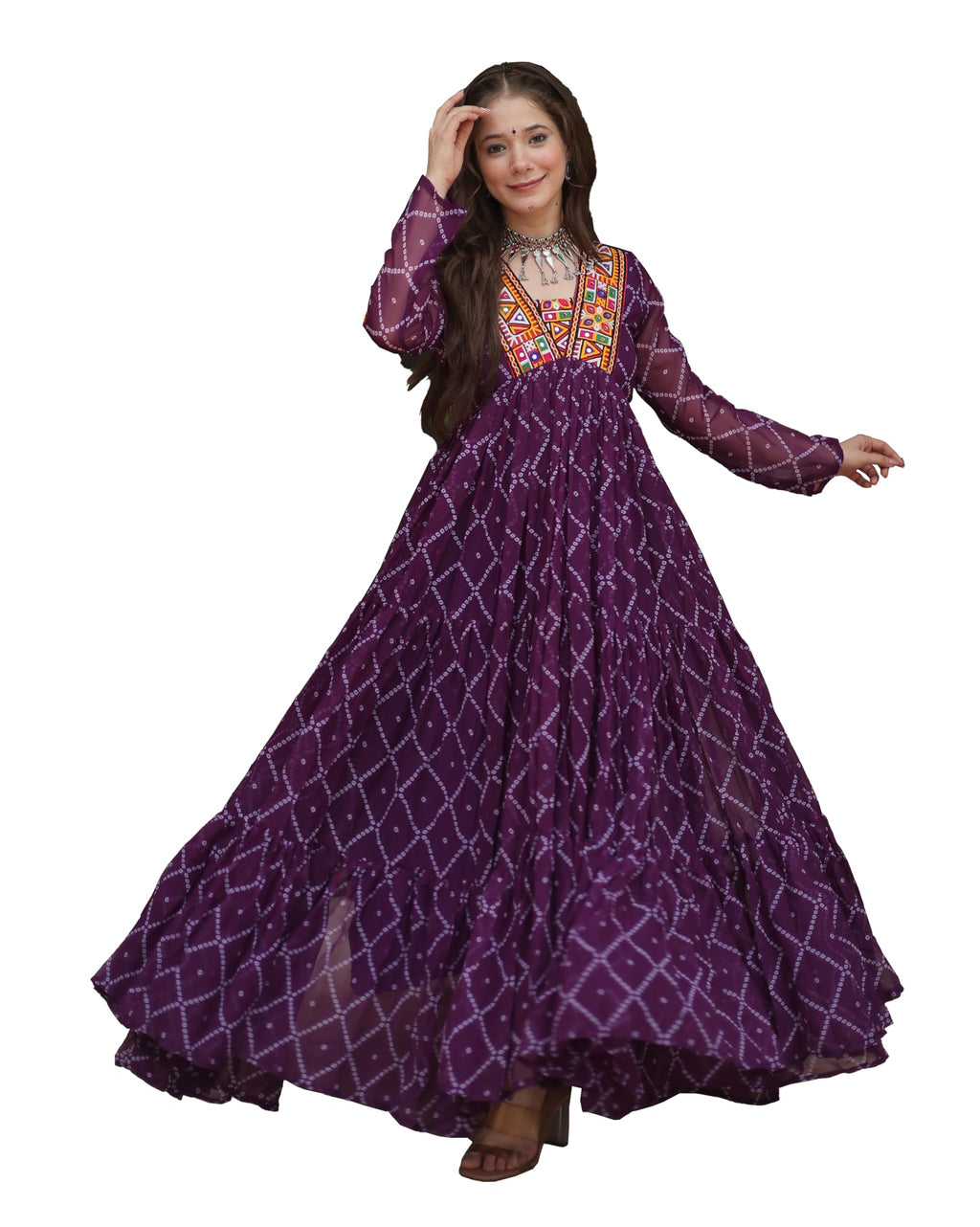 Wedani Faux Georgette Bandhani Print Work Anarkali Kurta Set for Women (in, Alpha, L, Regular, Purple)