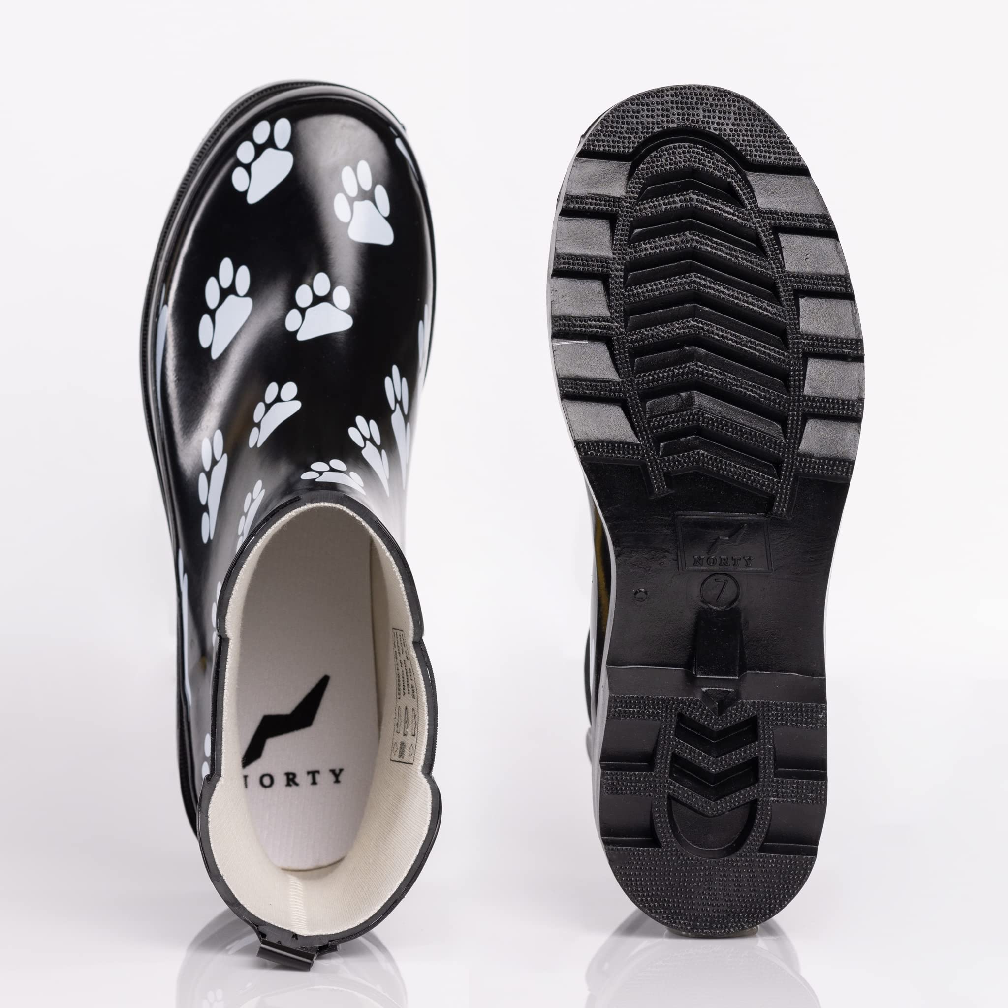 NORTY - Womens Ankle Rain Boots - Ladies Waterproof Winter Spring Garden Boot Paw Black White Size 7