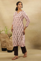 Folksong By W Women Pink Printed Viscose Straight Kurta