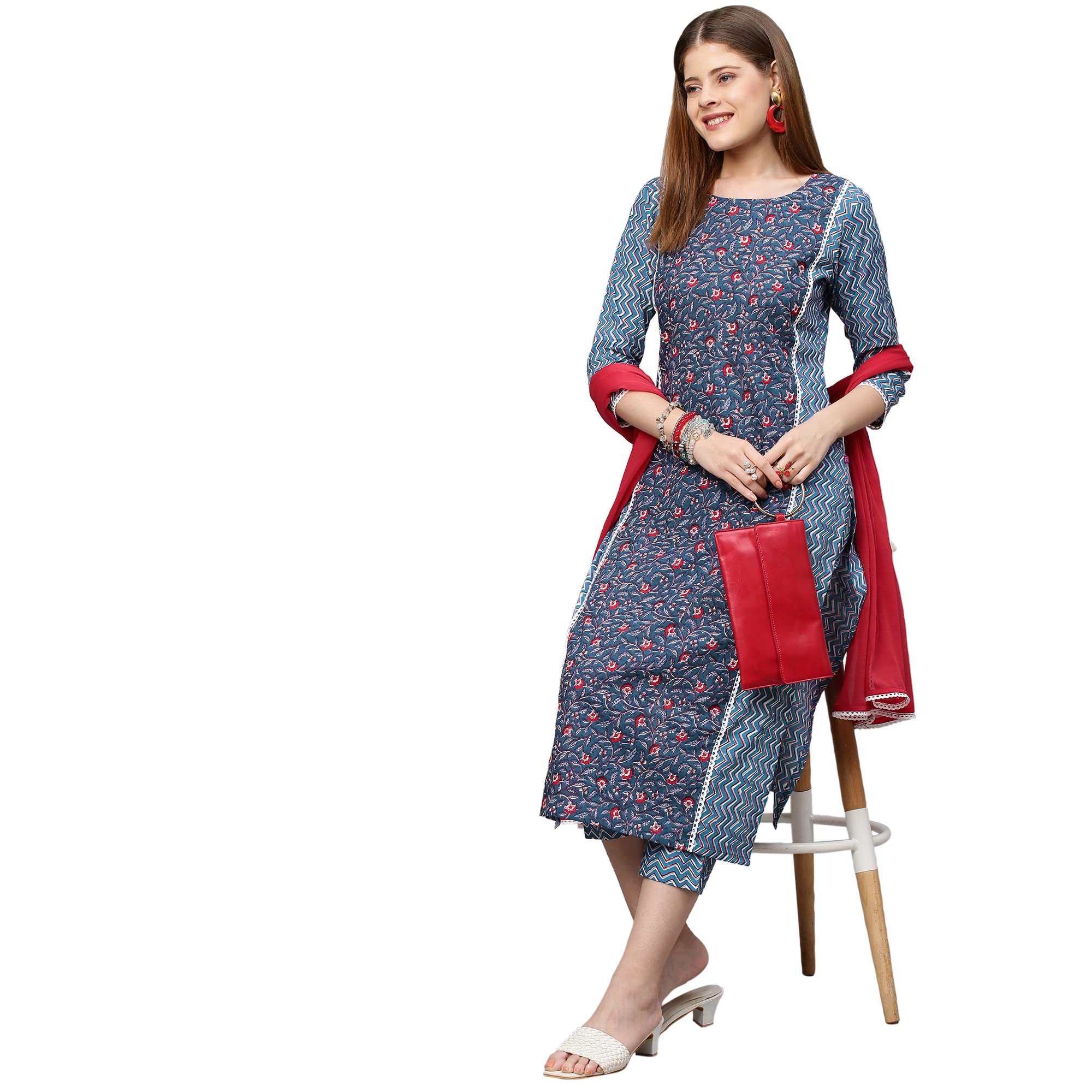 ANNI DESIGNER Women's Cotton Blend Printed Straight Kurta with Pant & Dupatta (Pinkari Blue_M_Blue_Medium)