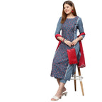 Gosriki Women'S Cotton Blend Printed Straight Kurta With Pant & Dupatta (Pinkari Blue_M-Go_Blue_Medium)