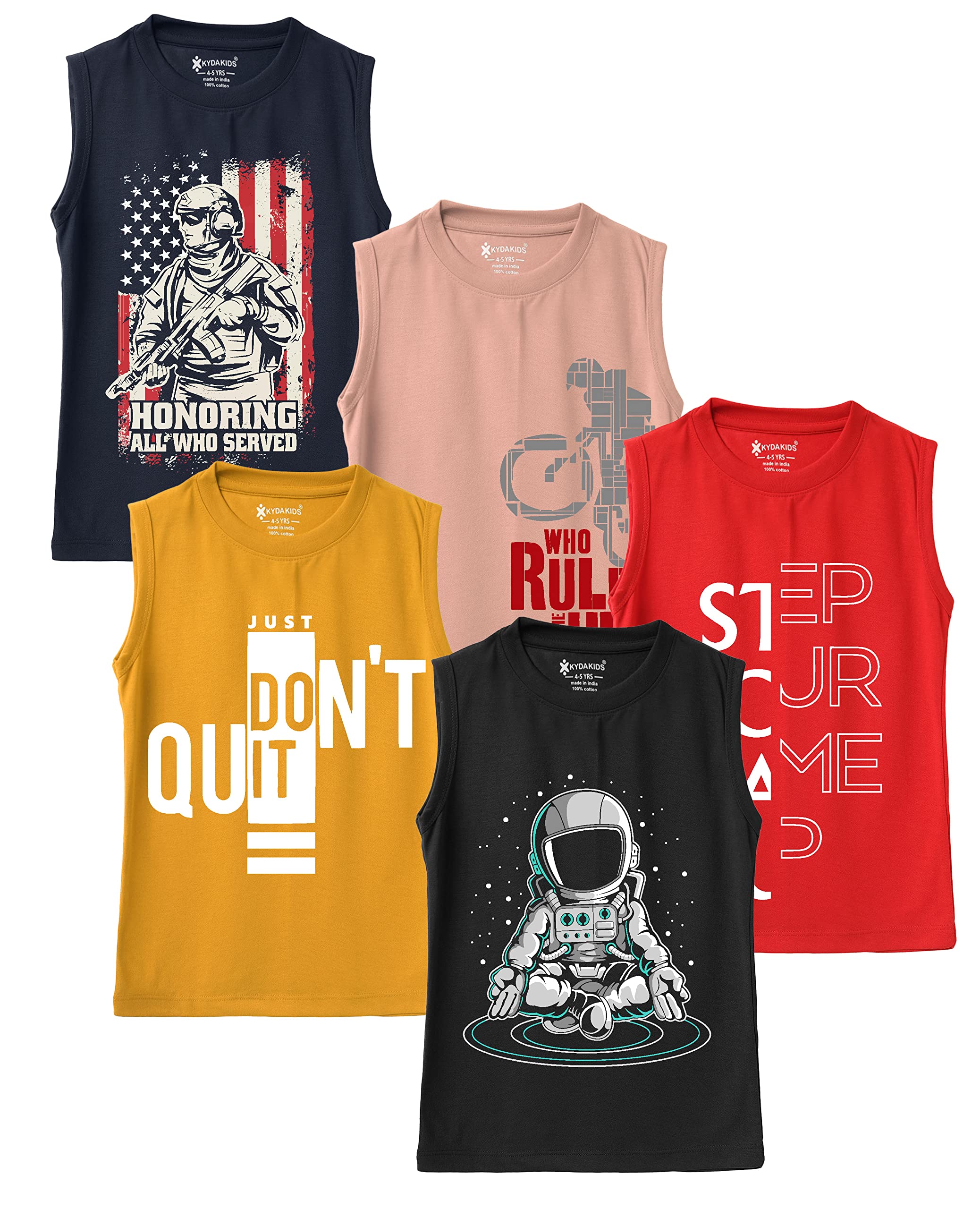 Kyda Kids Cotton Printed Summer Vests For BoyS (Pack Of 5) 3-4Years