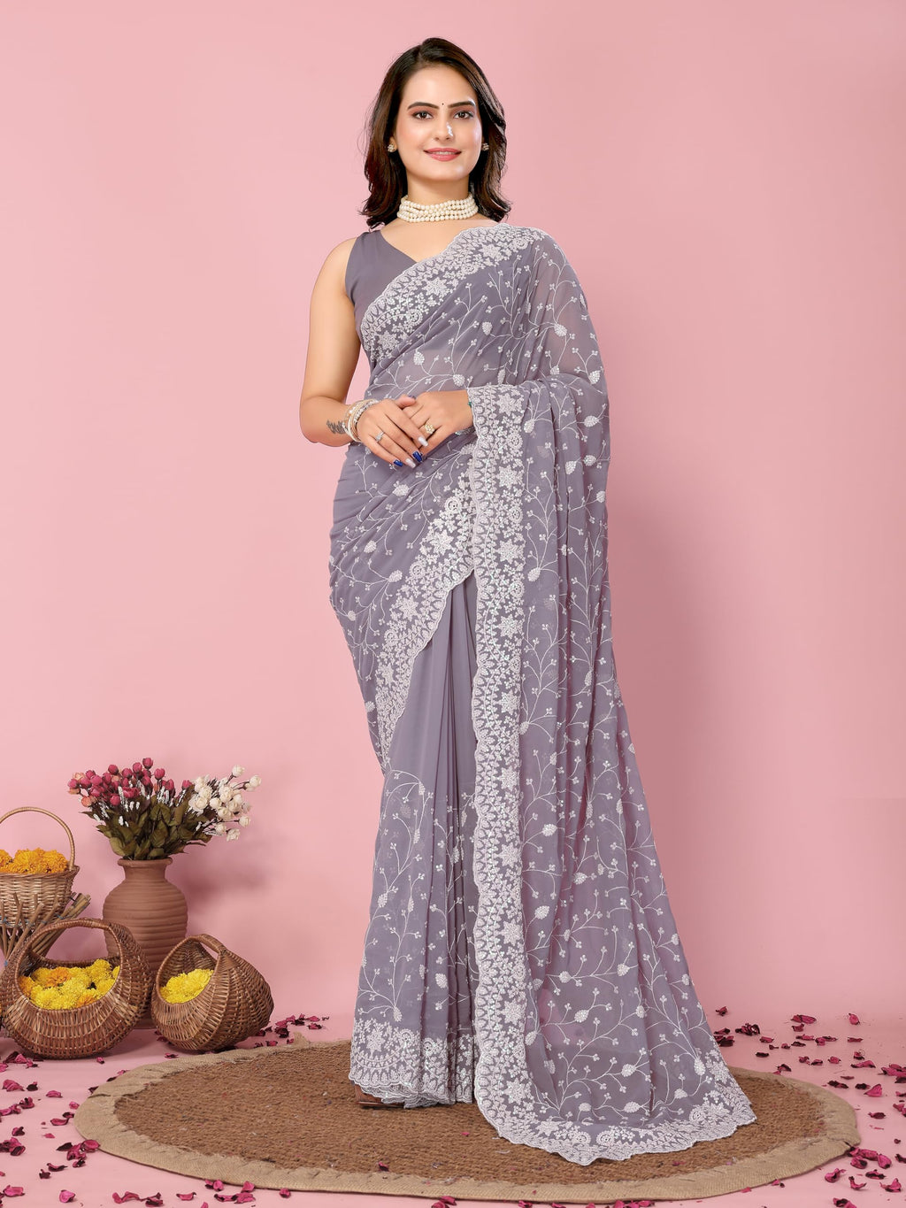 Vairagee Women Soft Georgette Emroidery Saree With Sequence Work Unstitched Blouse (6246)