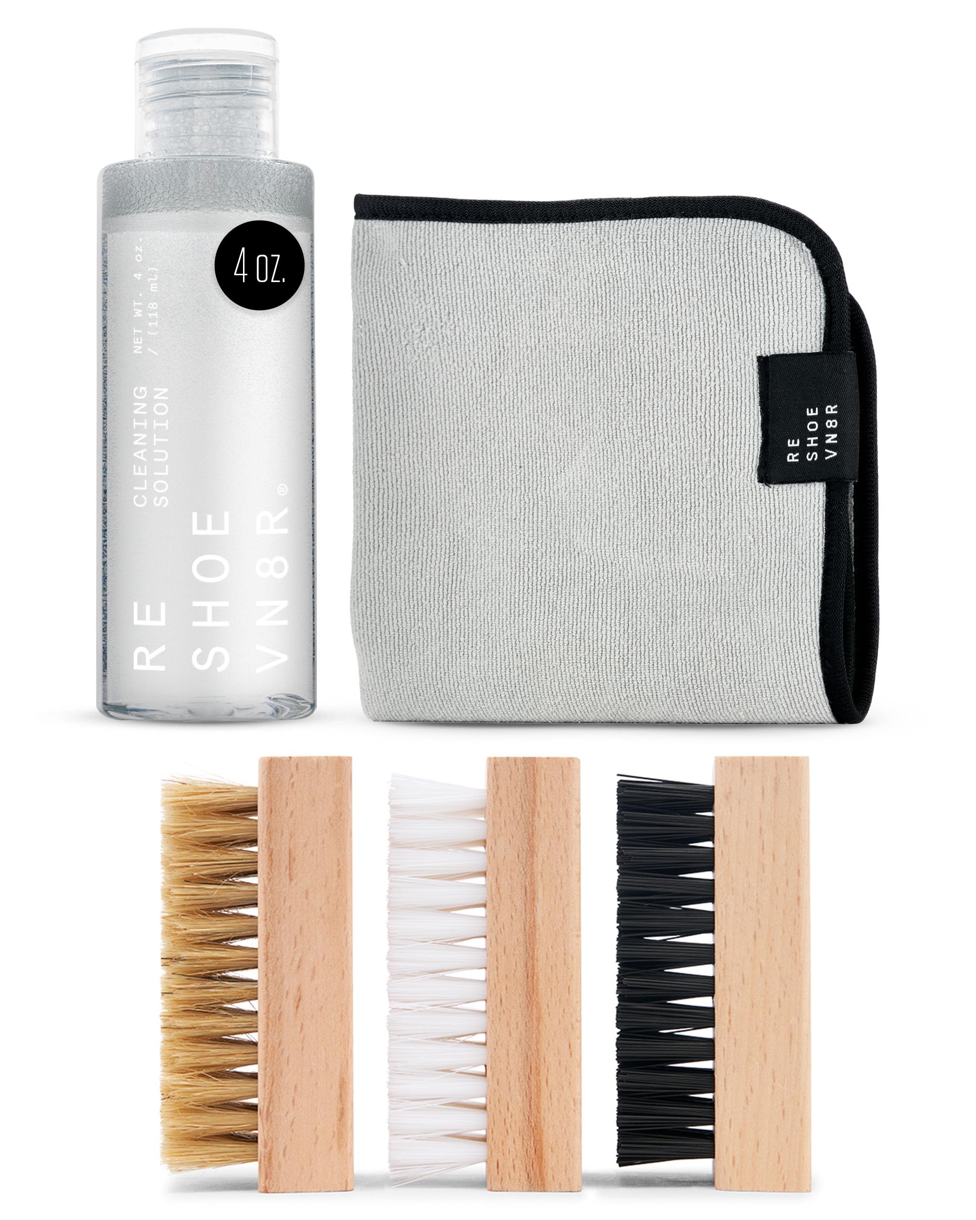 RESHOEVN8R Essential Shoe Cleaning Kit - 4oz Solution, 3 Brushes, Microfiber Towel - Safe for Suede, Leather, Canvas, Mesh - Up 