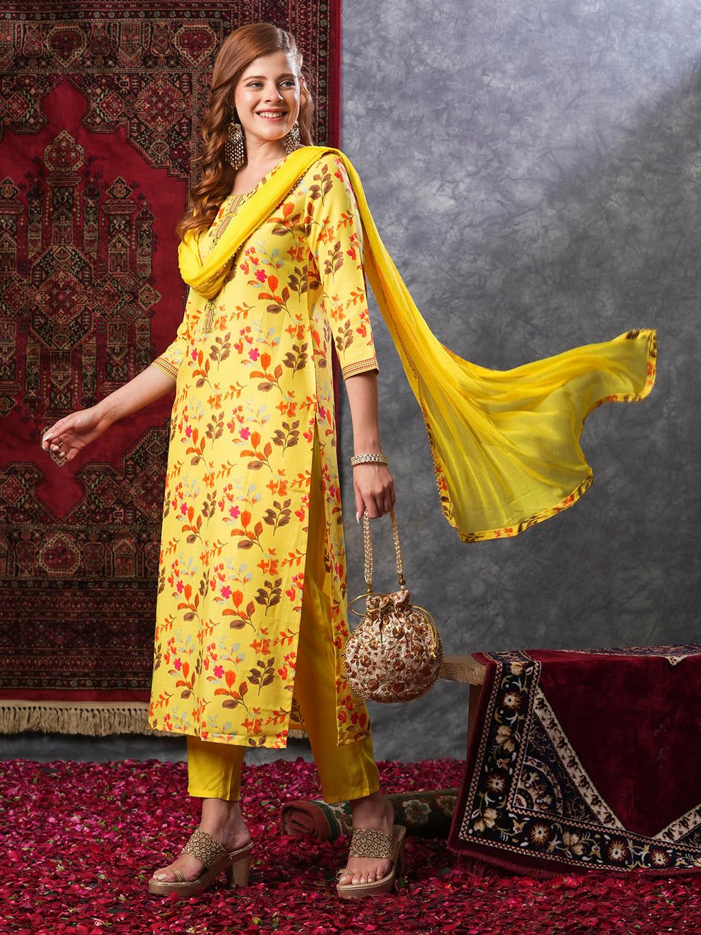 ANNI DESIGNER Ladies Cotton Blend Dupatta Kurta Trousers, yellow, XXL