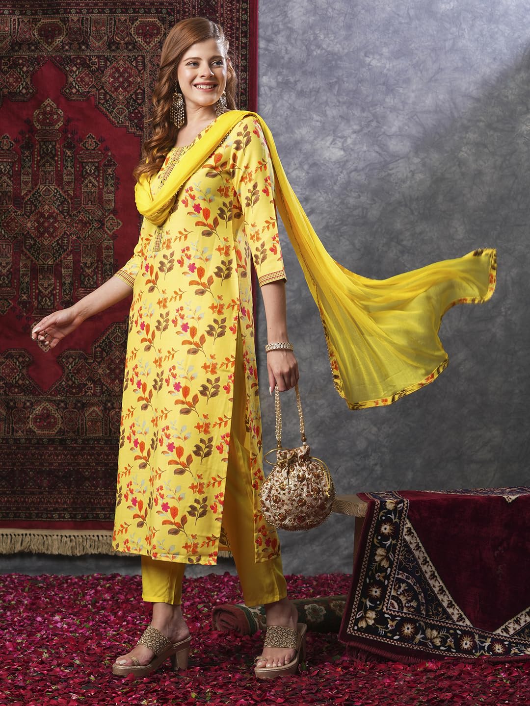 ANNI DESIGNER Ladies Cotton Blend Dupatta Kurta Trousers, yellow, XXL