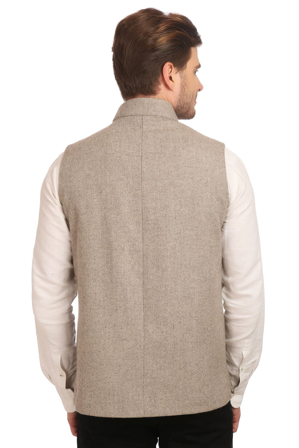 WINTAGE Mens Tweed Bandhgala Festive Nehru Jacket Waistcoat Beige
