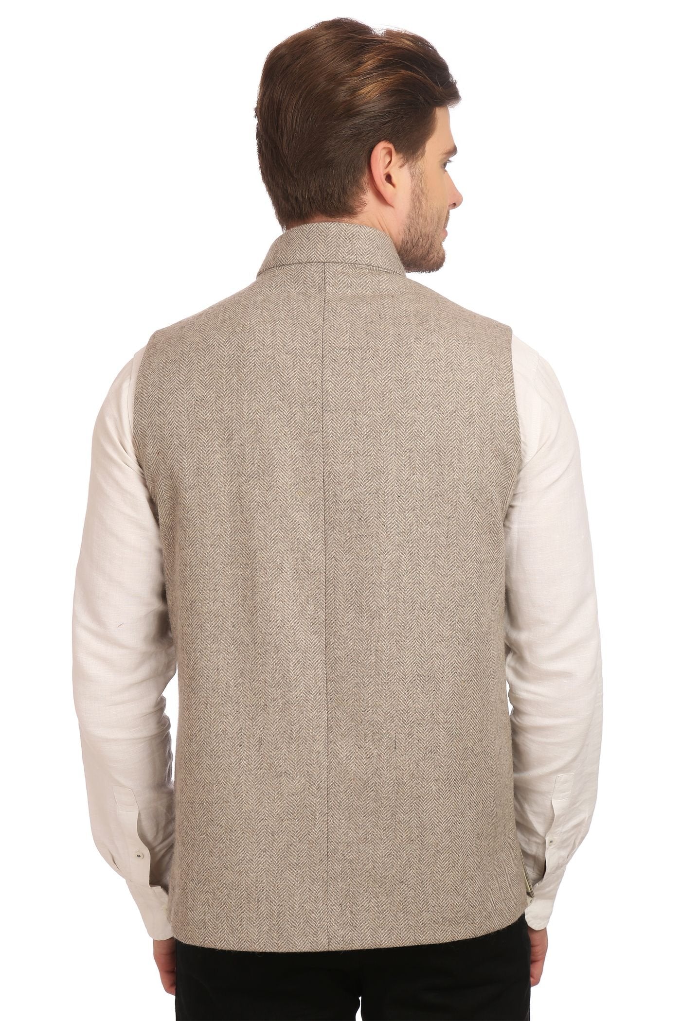 WINTAGE Mens Tweed Bandhgala Festive Nehru Jacket Waistcoat Beige