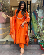 ANNI DESIGNER Ladies Silk Blend Straight Embroidery Kurta with Trousers and Dupatta, Orange, M