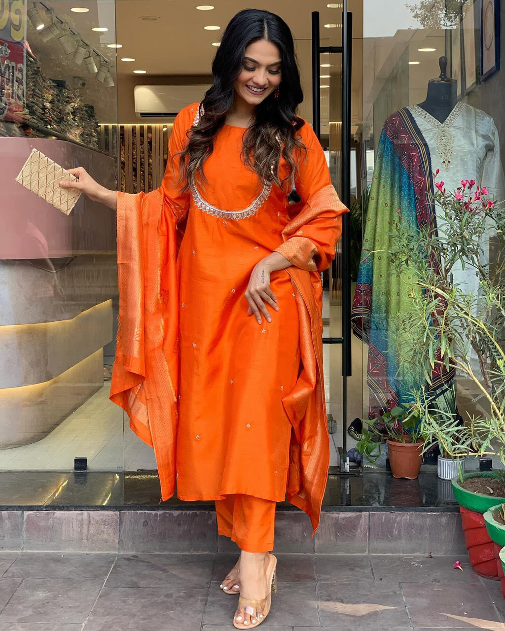 ANNI DESIGNER Ladies Silk Blend Straight Embroidery Kurta with Trousers and Dupatta, Orange, XXL