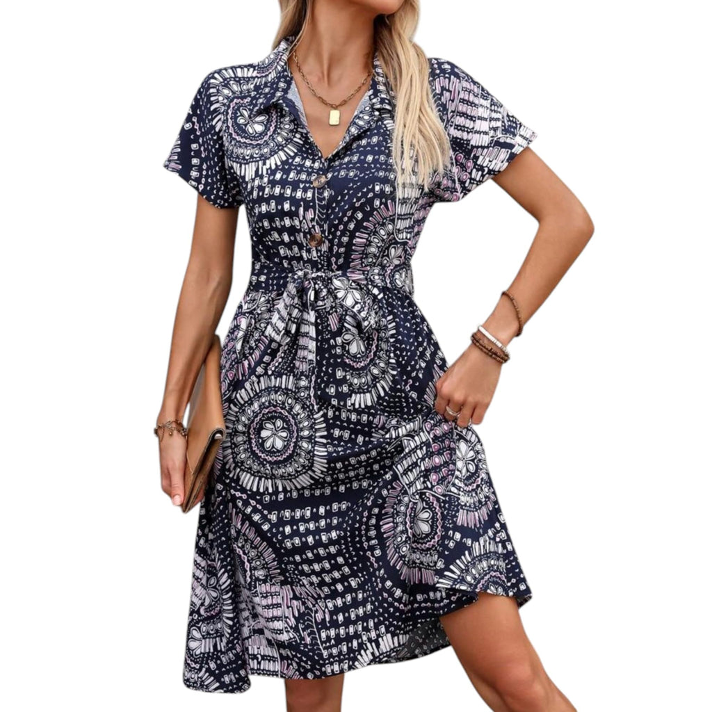 Gufrina Dresses For Women || Short Sleeve ||All Over Geometric Print|| Collar-Neck And Regular Sleeves || Front Open Button & Hi