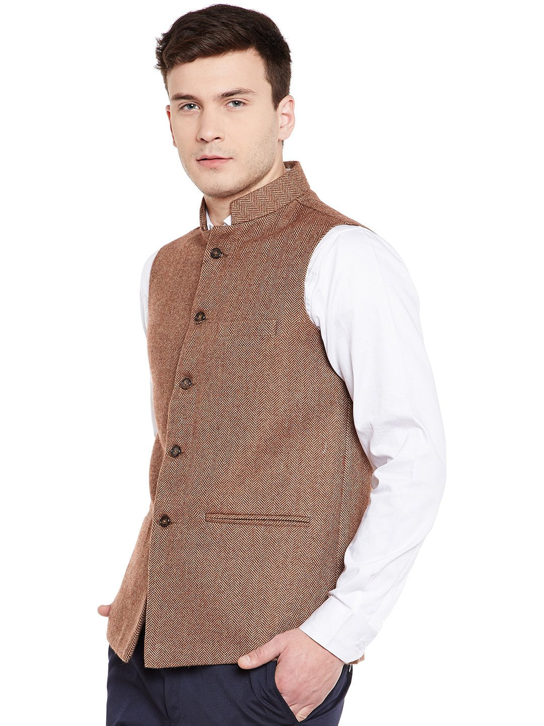 Wintage MenS Wool Blend Grandad Nehru Jacket Vest Waistcoat: Brown
