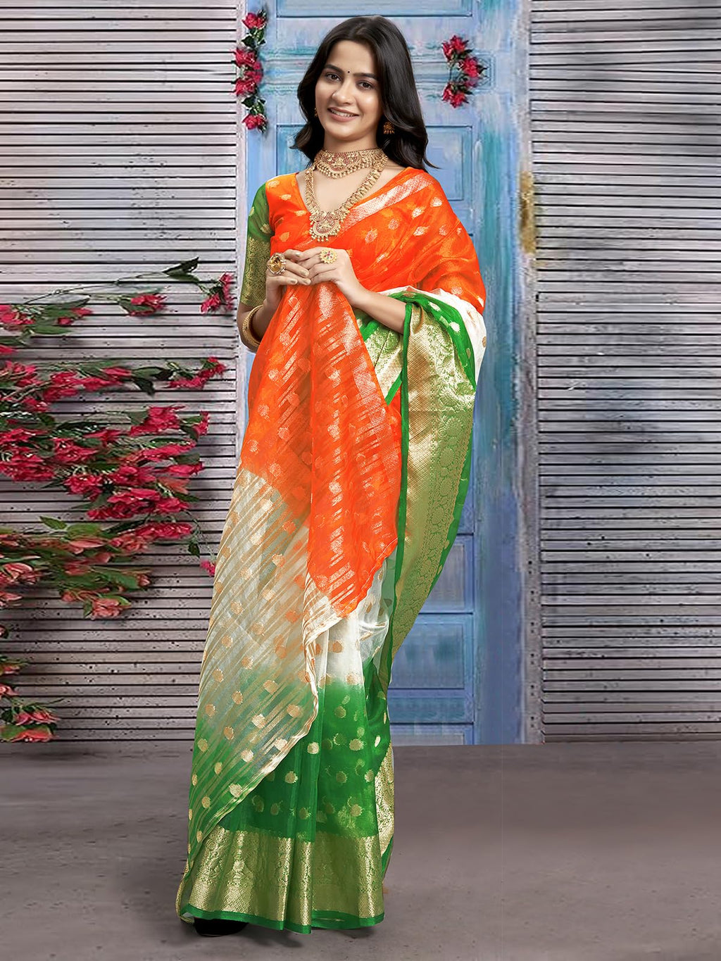 Satrani Womens Organza Jacquard Independence Day Special Tricolor Tiranga Saree with Unstitched Blouse Piece