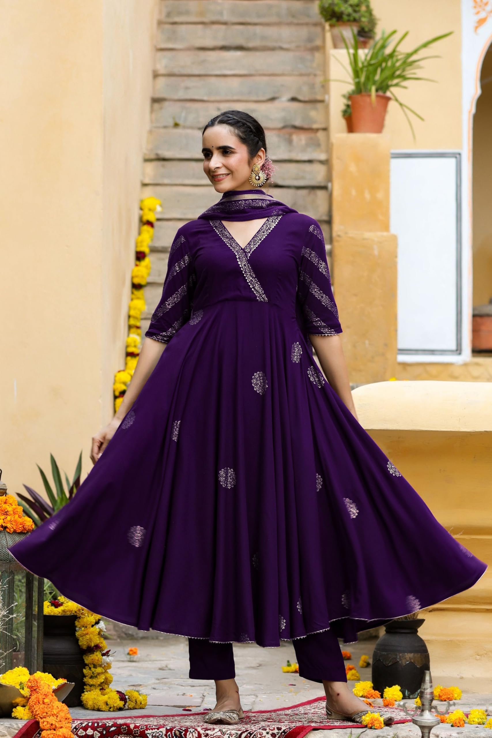 ANNI DESIGNER Anarkali Women s Rayon Blend Kurta with Trousers and Dupatta, Begani, Medium