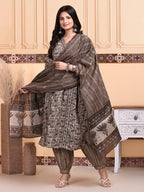 Ishin Kalamkari Printed Kurta With Trouser & Dupatta | Kurta Set For Women | Kurta With Trousers And Dupatta